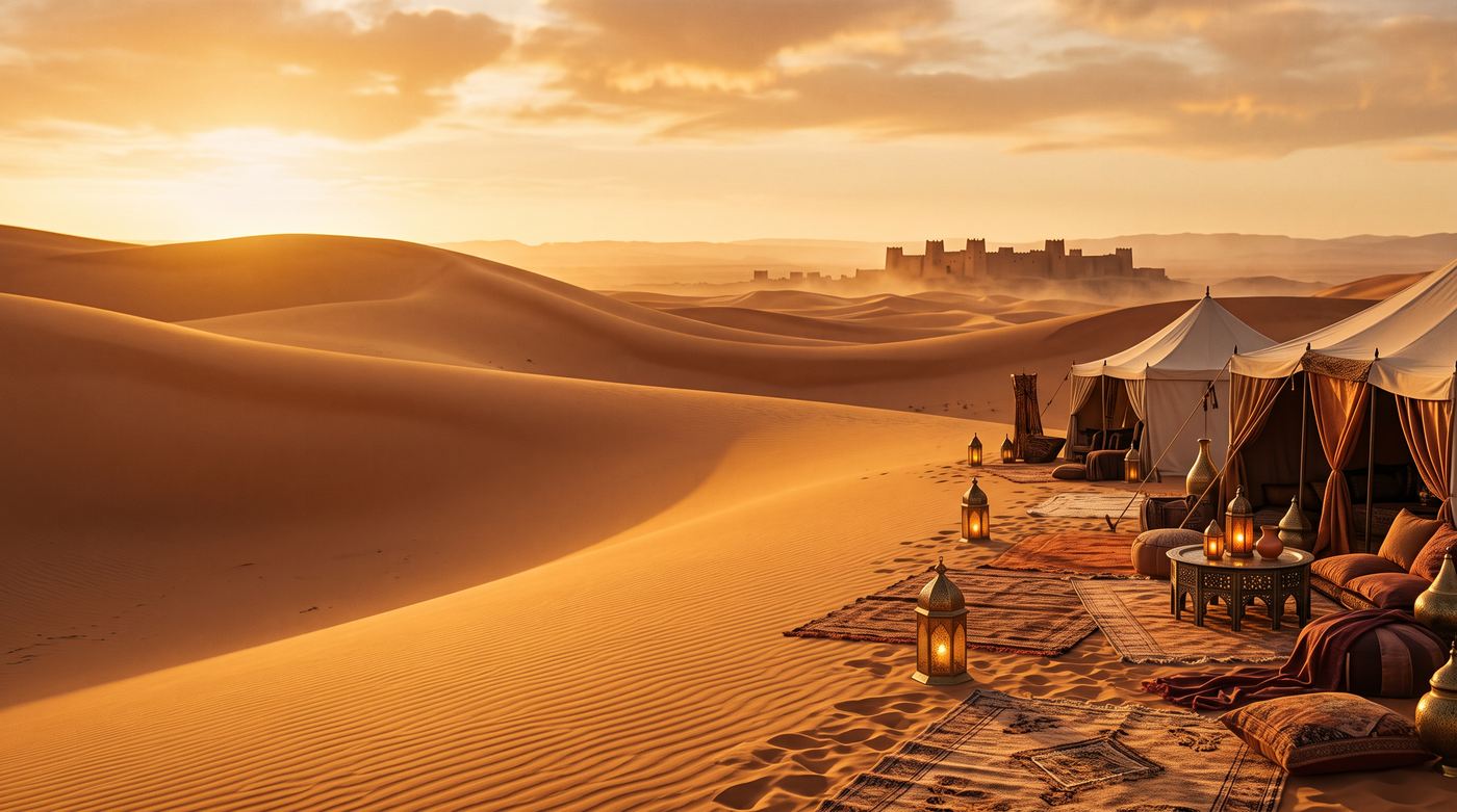 Le dune dorate del Sahara marocchino al tramonto