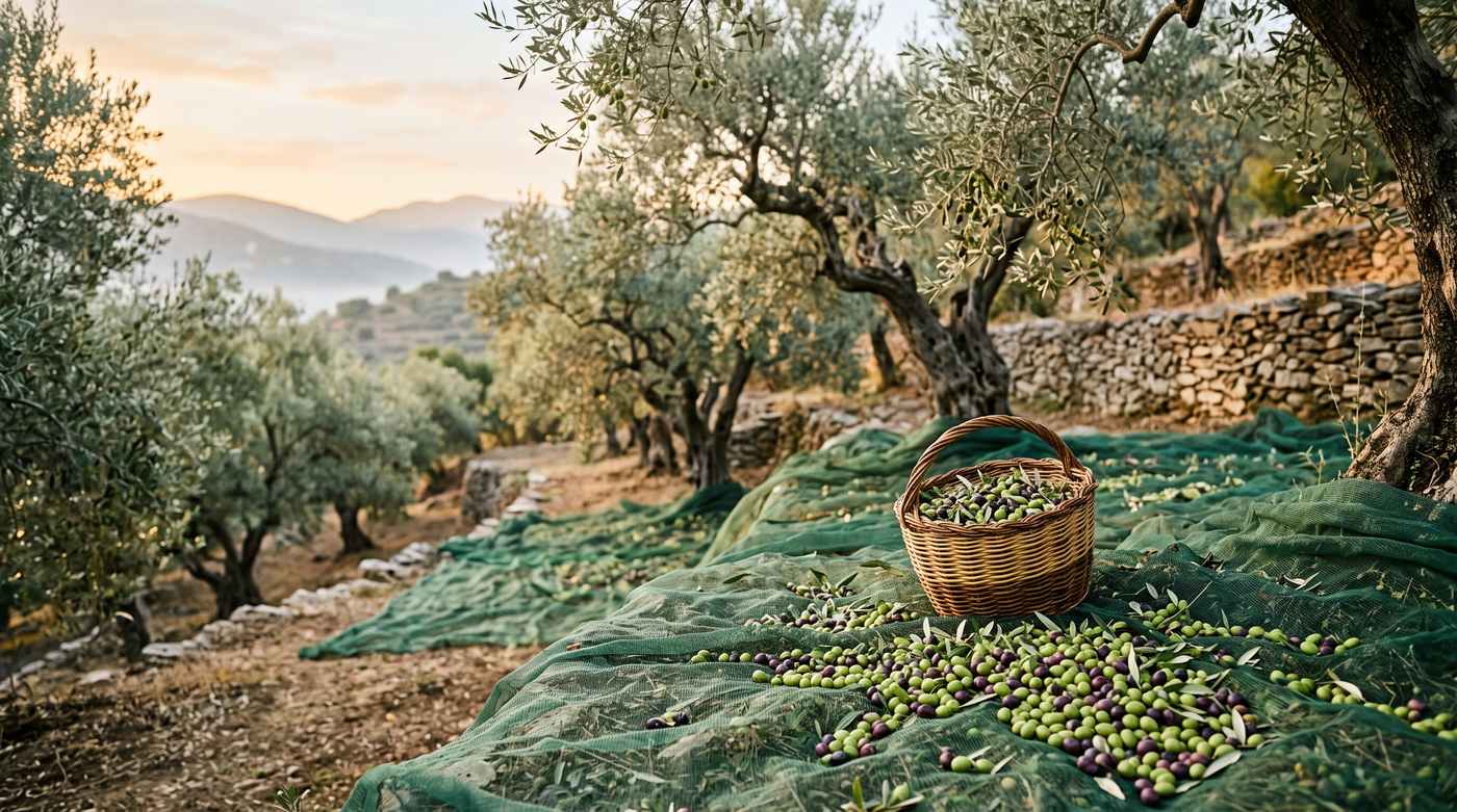 Uliveto greco durante la raccolta delle olive