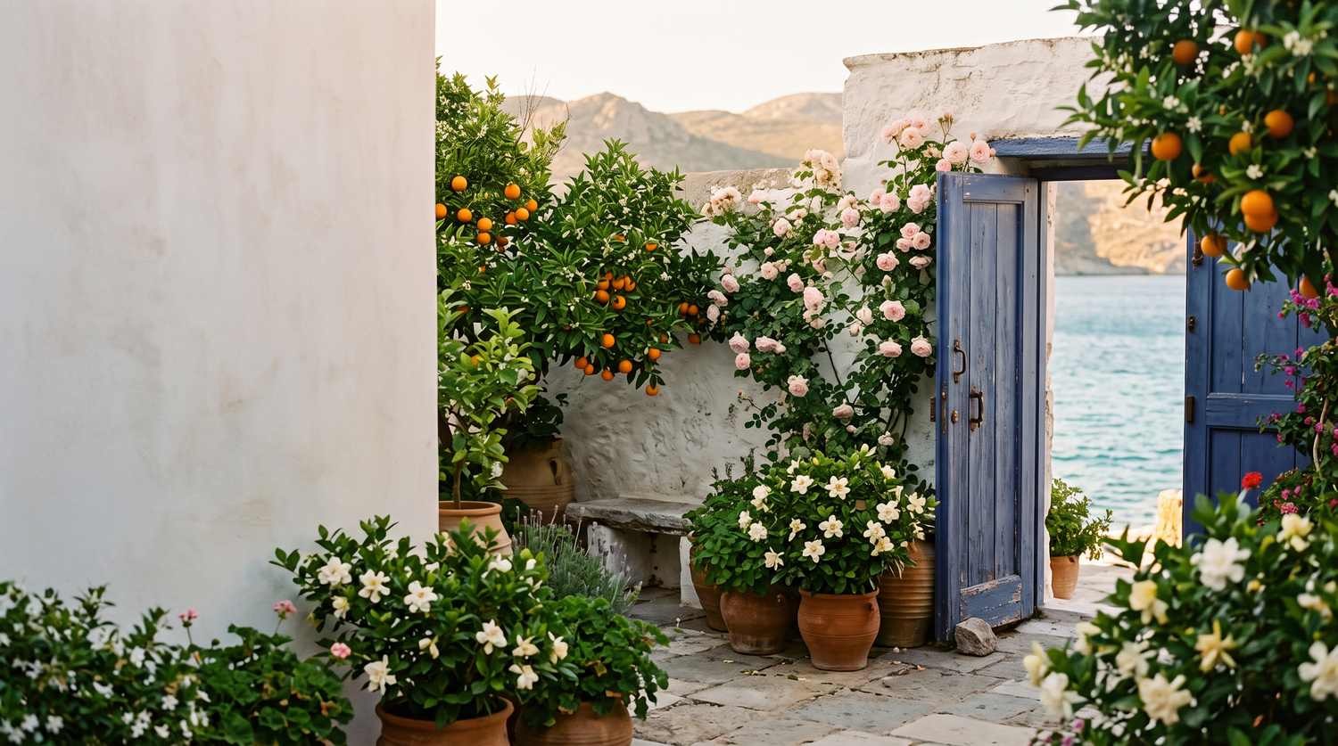 Giardino mediterraneo con aranci, rose e gardenie in riva al mare