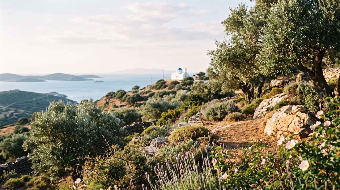 Pendio greco con ulivi sopra il mare